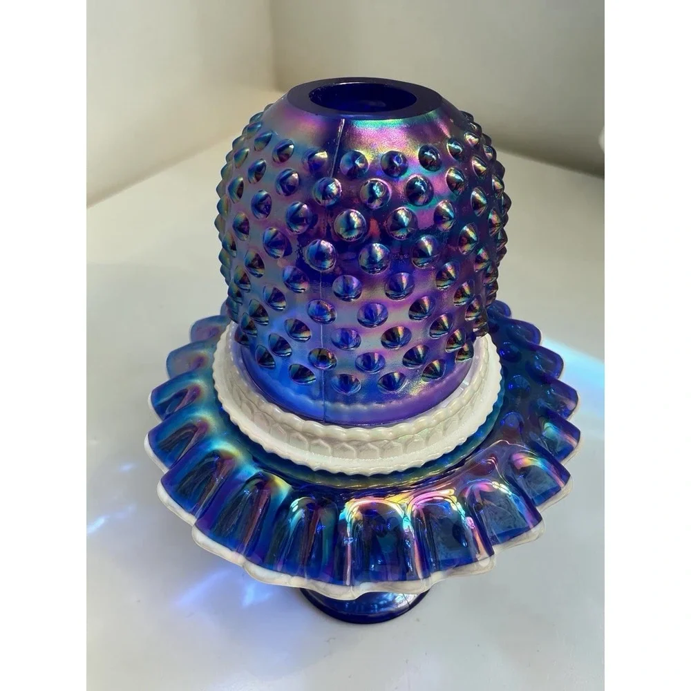 Fenton Blue Carnival Glass Hobnail Snow Crest 3 Piece Pedestal Fairy Lamp-9